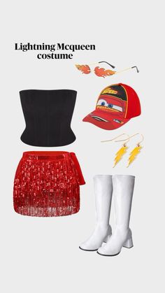 the costume is red and black with white boots, a hat, and an orange skirt