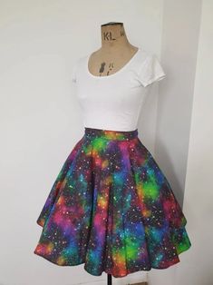 Skater Skirt With Pockets Rainbow Skirt Galaxy Fabric | Etsy Plus Size Circle Skirt, Kidcore Clothing, Colourful Clothes, Galaxy Fabric, Rainbow Skirt, Vegas Outfit, Rainbow Outfit, Full Circle Skirt, 50s Style