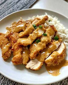 chicken with gravy and rice on a white plate