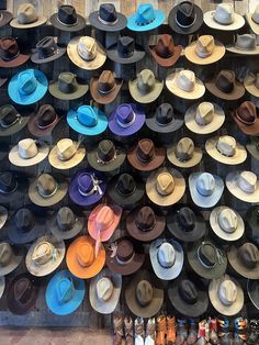 many hats are arranged on the wall for display