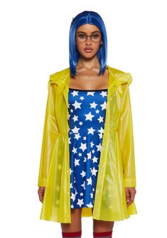 a woman with blue hair wearing a yellow raincoat and red knee high socks, standing in front of a white background