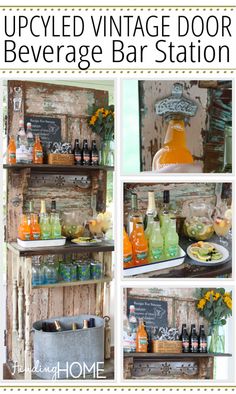 an outdoor beverage bar station made out of pallets and old doors with text overlay that says diy upcycled outdoor beverage bar station