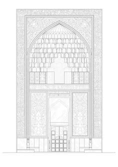 an architectural drawing of the entrance to a building with arches and doorways on each side