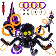 an inflatable balloon octopus is surrounded by other balloons and accessories, including a witch's hat