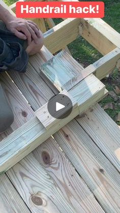 a video demonstrating how to build a wooden deck with sanding shoes on it and the words, handrail hack