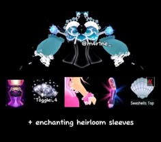 an animated video game with different items and text that reads, enchanting heiron sleeves