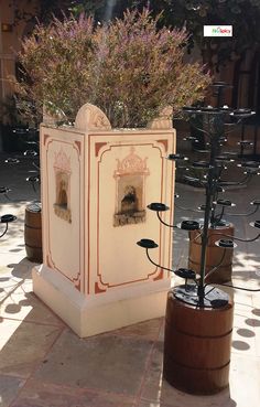 an outdoor fountain with plants growing out of it