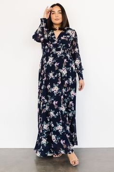 Looking for a perfect long sleeve maxi dress? This is it! Our Olivia Maxi Dress is stunning in pink floral. You'll wear it again and again! Modest Maternity Dresses, Modest Maternity, Weird Flowers, 34c Size, Baltic Born, Navy Background, Rust Dress, Maxi Dress Navy, Chiffon Material