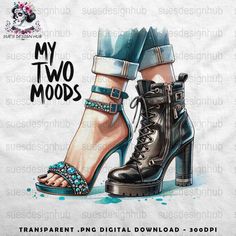 a pair of high heeled shoes with chains on them and the words, my two woods