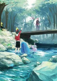 two people are standing on a bridge over a river with pokemon in the water and one person is flying a kite