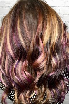 Plum Colored Hair With Highlights, Fun Hair Color For Women Over 40, Brown Hair With Purple And Red Highlights, Spring 2023 Hair Color Trends Brunette, Carmel And Purple Highlights On Brown Hair, Peanut Butter And Jelly Highlights, 2022 Fall Hair Color Trends, Plum Hair With Pink Highlights, Spring 2023 Hair Trends Brunette