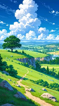 an anime landscape with green grass, rocks and trees on the side of a hill