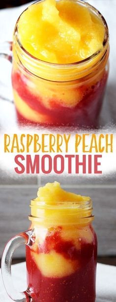 raspberry peach smoothie in a mason jar with text overlay that reads, raspberry peach smoothie