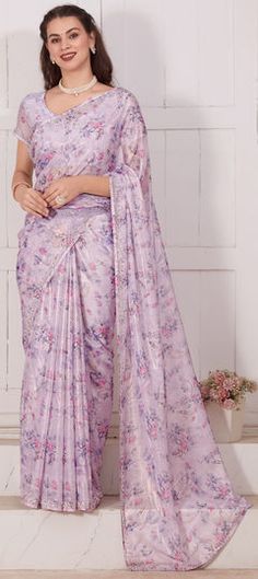 Purple and Violet color Saree in Georgette fabric with Digital Print, Floral, Zircon work Farewell Saree, Saree Inspiration, Farewell Sarees, Reception Saree, Engagement Reception, Floral Print Sarees, Wedding Purple, Floral Saree, Floral Work