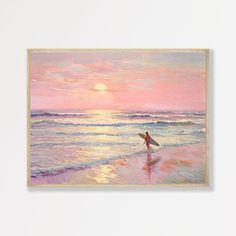 a painting of a person holding a surfboard on the beach at sunset with pink clouds