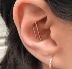 a close up of a person's ear with two thin bars attached to it