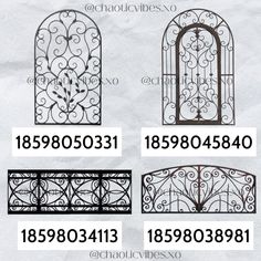 wrought iron doors and windows with numbers on the front, back and side panels in different styles