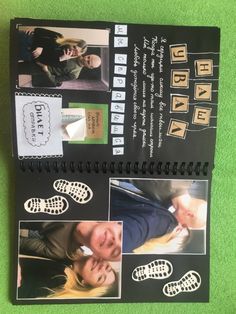 a scrapbook with pictures of people and their feet on the page, which is attached to a clipboard