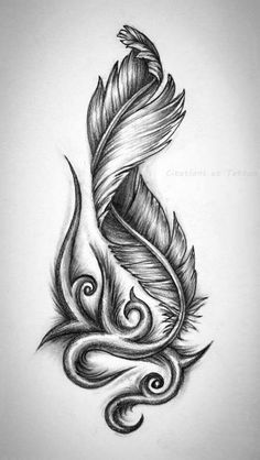 a drawing of a feather with swirls and waves on the back of its head