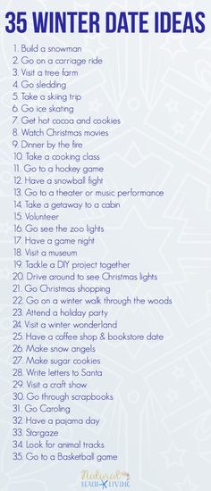 the 25 winter date ideas list is shown in blue and white with snowflakes on it