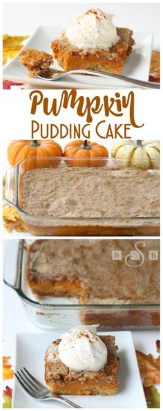 pumpkin pudding cake with whipped cream on top in a glass baking dish and topped with cinnamon sugar