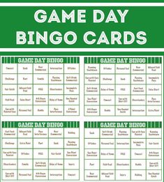 a green and white printable game day card with the words,'game day bingo cards '