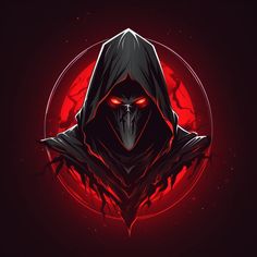 a stylized image of a hooded person with red eyes in front of a dark background