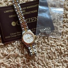 Will Put In A Brand New Battery Before Shipping! Comes From A Smoke And Pet Free Home! Silver And Gold Watch, Vintage Gold Bracelet, Bday Gifts, Rhinestone Watches, Brown Leather Watch, Citizen Watch, White Watch, Silicone Watch Band, Silver Rhinestone