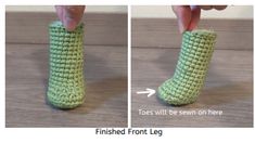 two pictures showing how to crochet the bottom part of a boot for socks