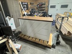 a kitchen island being built in a garage