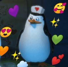 a cartoon penguin is standing in front of a mirror with hearts and stars around it