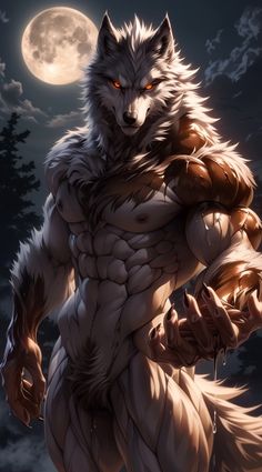 a wolf is standing in front of the moon with his hands on his hips and claws out