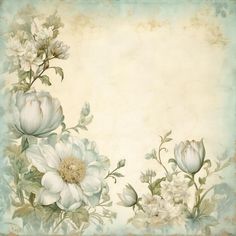 an old paper with white flowers and green leaves on the edges is in front of a light blue background