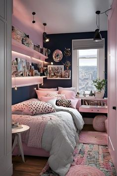 a pink and black bedroom with lots of shelves on the wall, bed in between two windows