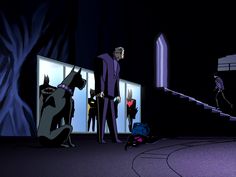 batman and catwoman in the dark knight animated film, which is being watched by two men