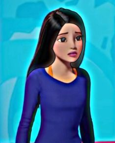 an animated girl with long black hair and blue shirt