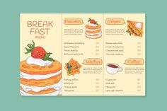 a breakfast menu with pancakes, waffles and coffee