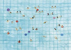 an image of people swimming in the water with life rings on their backs and circles around them