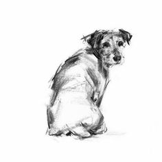 a black and white drawing of a dog sitting on the ground with its head down