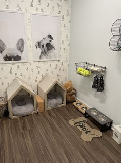 a room with two pictures on the wall and three dog houses in front of them