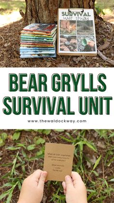 the bear grylls survival unit is on display in front of a tree with text overlay