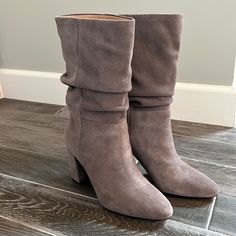 New In Box! Banana Republic Size 7 Taupe Suede Slouchy Mid Shaft Boots. Rich Grayish Taupe Colored Suede. 3 1/2 Inch Suede Covered Block Heel. Great With Dresses! Mid Shaft Boots, Mid Calf Suede Boots, Slouchy Suede Boots, Shaft Boots, Grey Suede Boots, Brown Riding Boots, Black High Heel Boots, Slouchy Boots, Ankle Socks Women