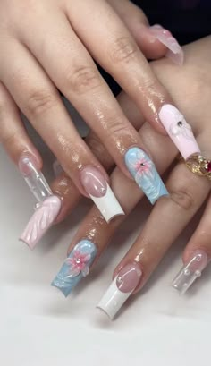 Y2k Beach Nails, Starfish Nails Design, Nail Ideas Acrylic Blue, Summer Nails With Charms, H2o Nails, Light Blue And Pink Nails, Summer Nail 2024, Mermaid Core Nails, Sea Inspired Nails