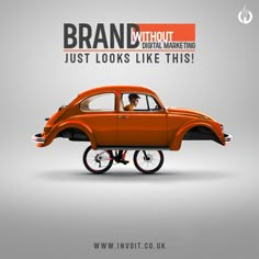 an orange car with wheels on the front is shown in this ad for brand without just looking like this