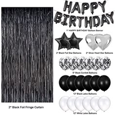 black foil fringe curtain and balloons for a birthday party