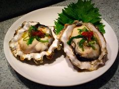 two oysters on a white plate with green garnish