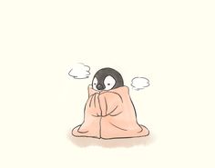 a penguin wrapped in a blanket with its eyes closed and hands folded over it's face