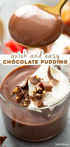 a spoon full of chocolate pudding with whipped cream on top and the words quick and easy chocolate pudding above it