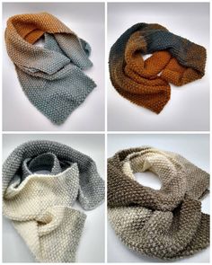 four different types of scarves are shown in three different colors, one is gray and the other is orange