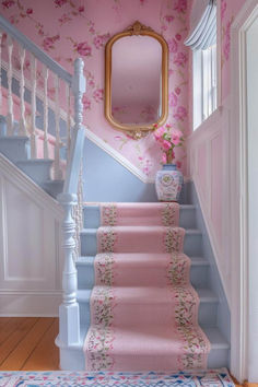 40 Creative Staircase Landing Ideas for a Gorgeous Look Cute Staircase, Blue Pink Room, Pink Foyer, Staircase Landing Ideas, Aesthetic Hall, Cozinha Do Mickey Mouse, Pink Stairs, Pink Entryway, Summer Decor Ideas